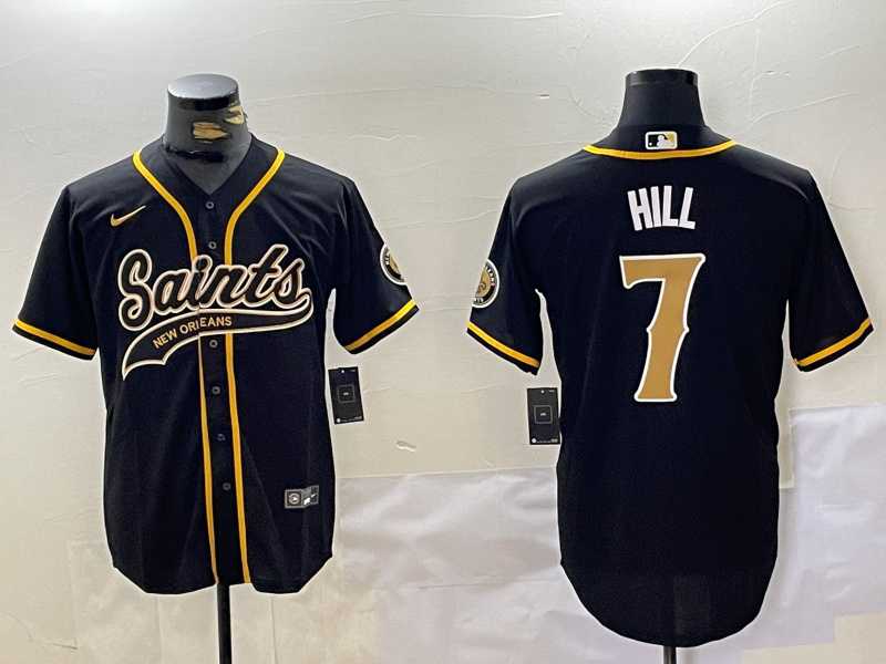 Mens New Orleans Saints #7 Taysom Hill Black With Patch Cool Base Stitched Baseball Jersey